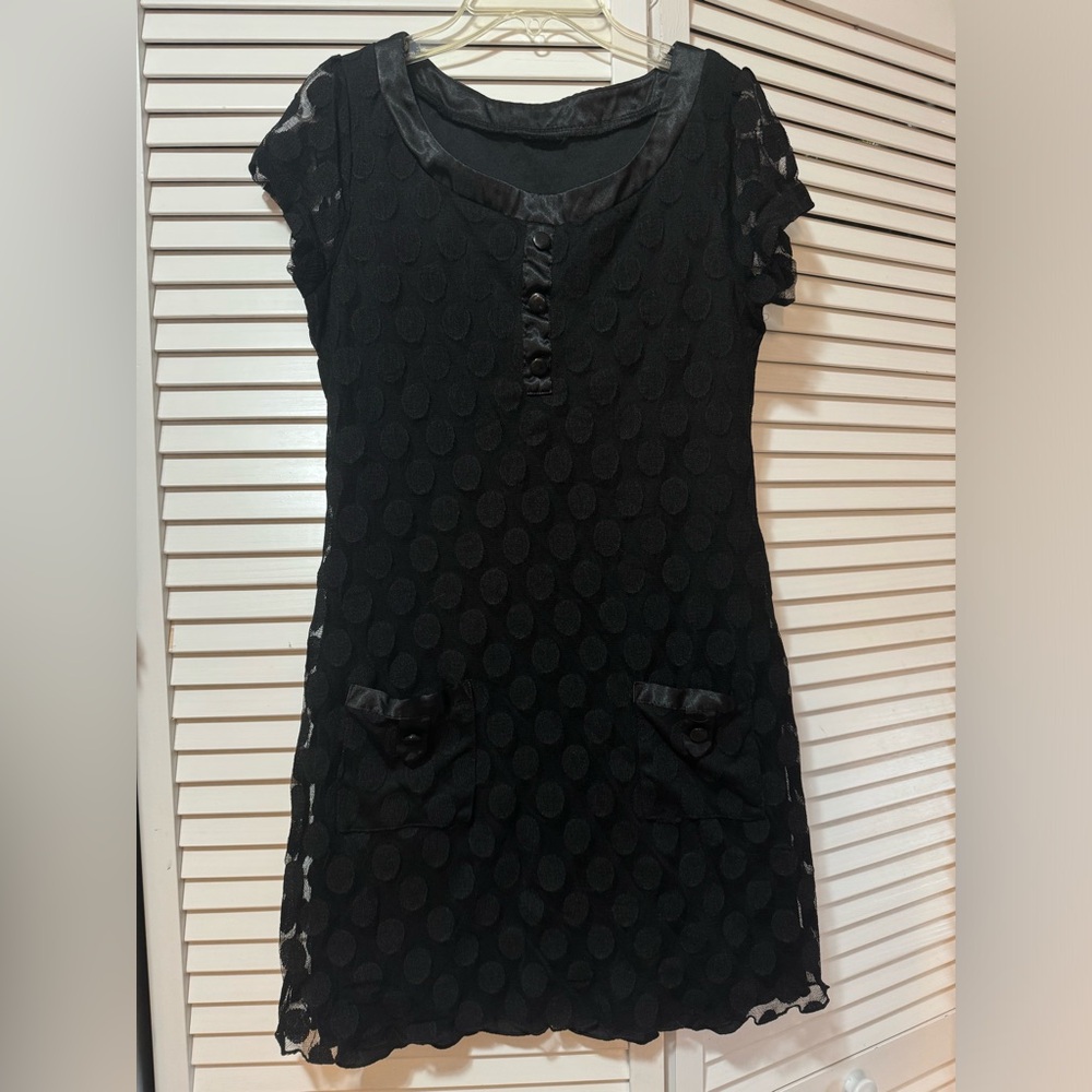 Enfocus Studio Womens Dress Black Polka Dot Mesh Layer Pockets Size S